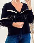 Black Cropped Cardigan with Tassel Fringe & Faux Fur