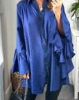 Oversized Shirt with Frilled Sleeves and Mesh Back in Blue