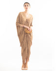 Layers Multi Fringed Tassel Pleated Midi Dress in Mocca