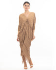 Layers Multi Fringed Tassel Pleated Midi Dress in Mocca