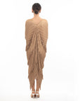 Layers Multi Fringed Tassel Pleated Midi Dress in Mocca
