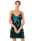 Circle Disc Sequin Strappy Short Dress in Green