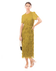 Pleated Midi dress with multi layer fringed tassel design in Green