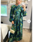 Green blue leaves Scarf print Full pleated long Shirt dress