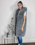 Plus Size Faux Fur Long Gilet with Hoodie in grey
