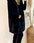 Plus Size Faux Fur Long Gilet with Hoodie in black