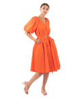 Oversized puff sleeve midi dress in Orange