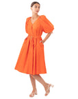Oversized puff sleeve midi dress in Orange