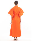 Cotton blend oversized shirt dress with ruffle sleeves design in orange