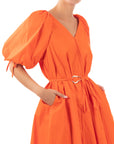 Oversized puff sleeve midi dress in Orange
