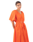 Oversized puff sleeve midi dress in Orange