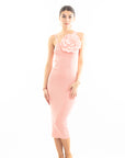 Knitted stretch cotton Bodycon midi dress with Camellias Brooches in pink