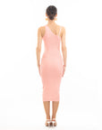 Knitted stretch cotton Bodycon midi dress with Camellias Brooches in pink