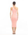 Knitted stretch cotton Bodycon midi dress with Camellias Brooches in pink
