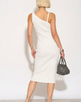 Knitted stretch cotton Bodycon midi dress with Camellias Brooches in white