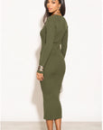 Soft Knitted Ribbed Midi Bodycon Dress Long Sleeve In Green