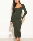 Soft Knitted Ribbed Midi Bodycon Dress Long Sleeve In Green