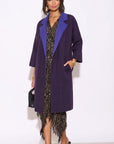 Contrast Lapel Belted Knitted Longline Cardigan in Purple