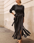 Statement Pleated Fringe Maxi Dress with Tie Waist in Black