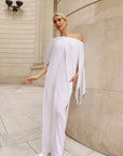 Elegant Pleated Cape Sleeve Maxi Dress with Tie Waist in White