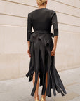 Statement Pleated Fringe Maxi Dress with Tie Waist in Black