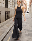 Pleated Cape Top, Vest & Wide Leg Trouser Set In Black