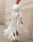 Statement Pleated Fringe Maxi Dress with Tie Waist in White