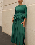 Statement Pleated Fringe Maxi Dress with Tie Waist in Green