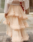 Statement Ruffle Tulle Tiered Maxi Skirt in Beige