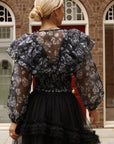 Statement Organza Ruffle Crop Top in Black Rose Print