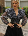 Statement Organza Ruffle Crop Top in Black Rose Print