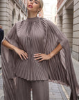 Pleated Cape Top, Vest & Wide Leg Trouser Set In Grey