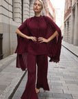 Pleated Cape Top, Vest & Wide Leg Trouser Set In Burgundy