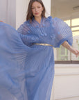 Floral Appliqué Pleated Organza Cape Midi Dress
