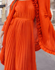 Pleated Midi Dress with Oversized Ruffle Trim Kimono Cardigan Set