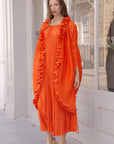Pleated Midi Dress with Oversized Ruffle Trim Kimono Cardigan Set