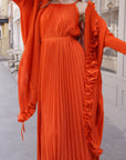 Pleated Midi Dress with Oversized Ruffle Trim Kimono Cardigan Set