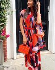 Aztec Print Pleated Dress in asymmetric sleeves design in Red