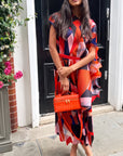 Aztec Print Pleated Dress in asymmetric sleeves design in Red