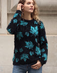 Leaves Print Neon Colour Fluffy Jumper (Blue)