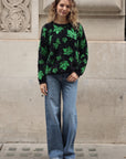 Leaves Print Neon Colour Fluffy Jumper (Green)