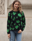 Leaves Print Neon Colour Fluffy Jumper (Green)