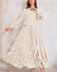Floral Appliqué Pleated Maxi Dress with Side Tie Waist