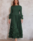Floral Appliqué Pleated Maxi Dress with Side Tie Waist
