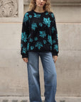 Leaves Print Neon Colour Fluffy Jumper (Blue)
