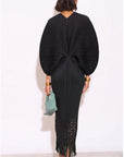 Floral Cutwork Pleated Kimono Sleeve Midi Dress