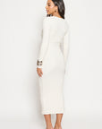 Soft Knitted Ribbed Midi Bodycon Dress Long Sleeve In White
