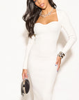 Soft Knitted Ribbed Midi Bodycon Dress Long Sleeve In White