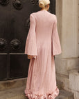 3D Floral Appliqué Pleated Maxi Dress with Statement Flare Sleeves