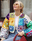 Hand Crochet Sequin Floral Granny Square Statement Cardigan